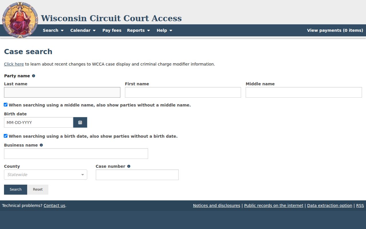 Barron County criminal case search fields in WCCA